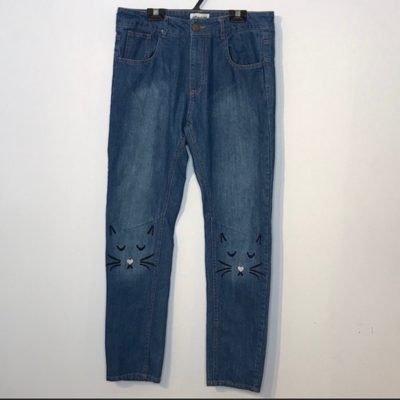 Pepaloves Anthropologie “I’m only kitten” embroidered cat straight leg jeans - Picture 2 of 7